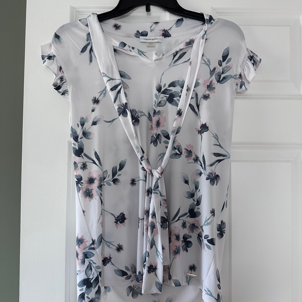 Calvin Klein White Short Sleeve Tie Front Blouse